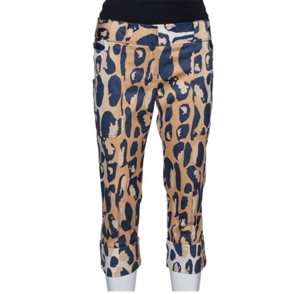 Dian Von Furstenberg Silk Ewan Capris Pants Leopard Animal Print Navy Blue Tan 8